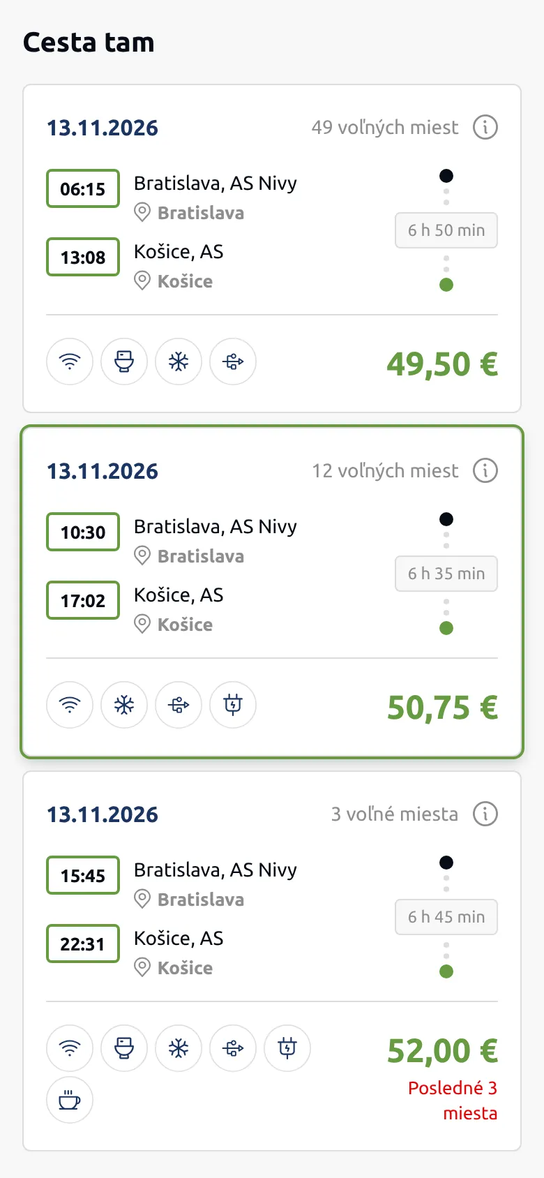 Zoznam spojov s voľnými miestami na mobile