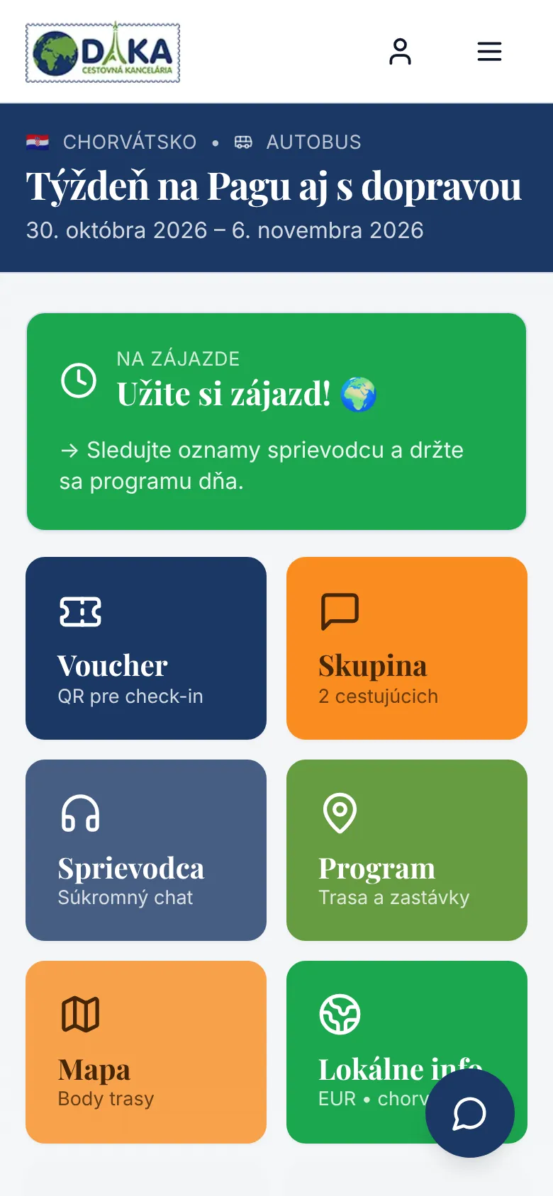 Trip Mode – rozcestník počas zájazdu (voucher, skupina, sprievodca, program, mapa)