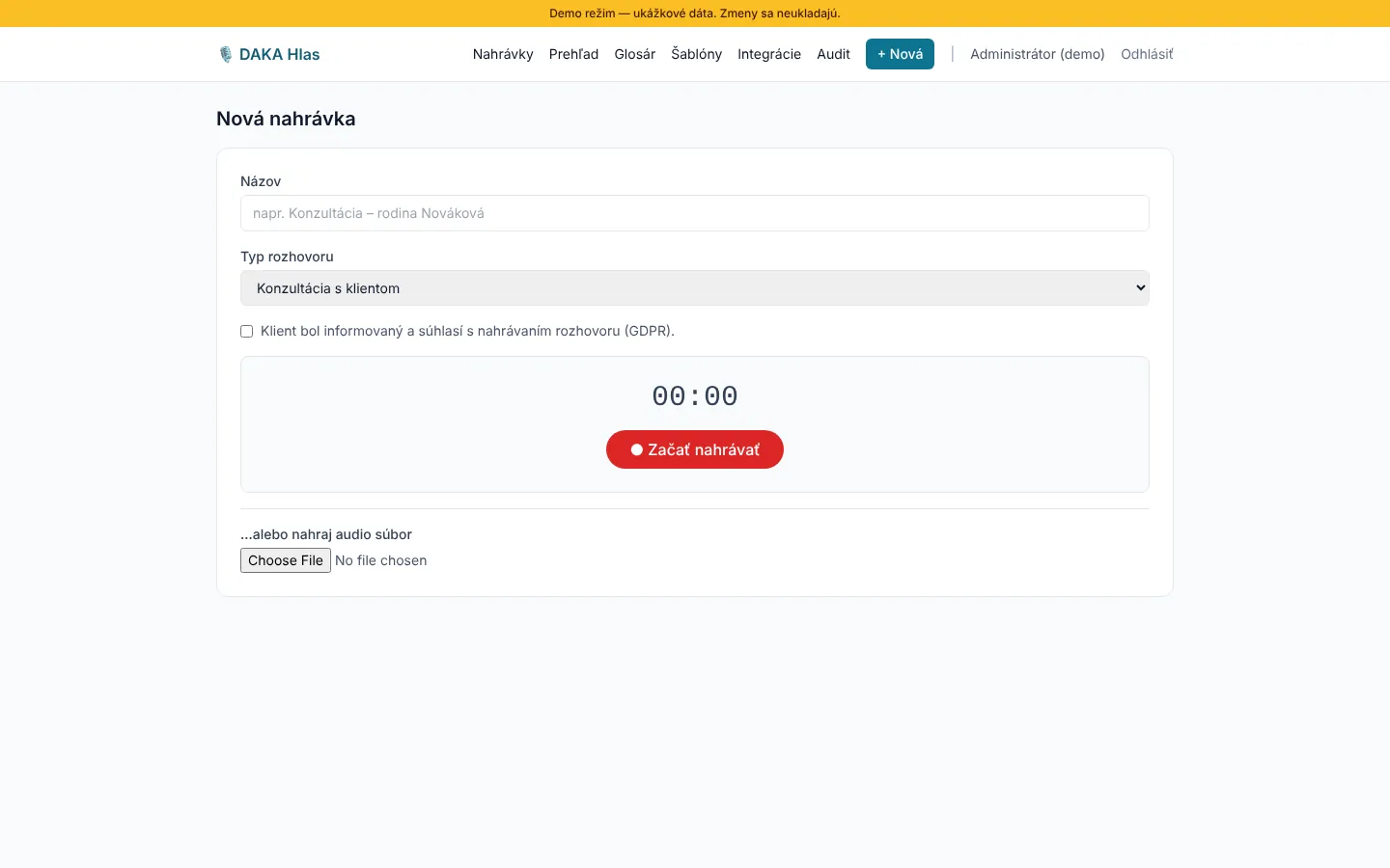 Nová nahrávka – nahrávanie mikrofónom alebo upload súboru
