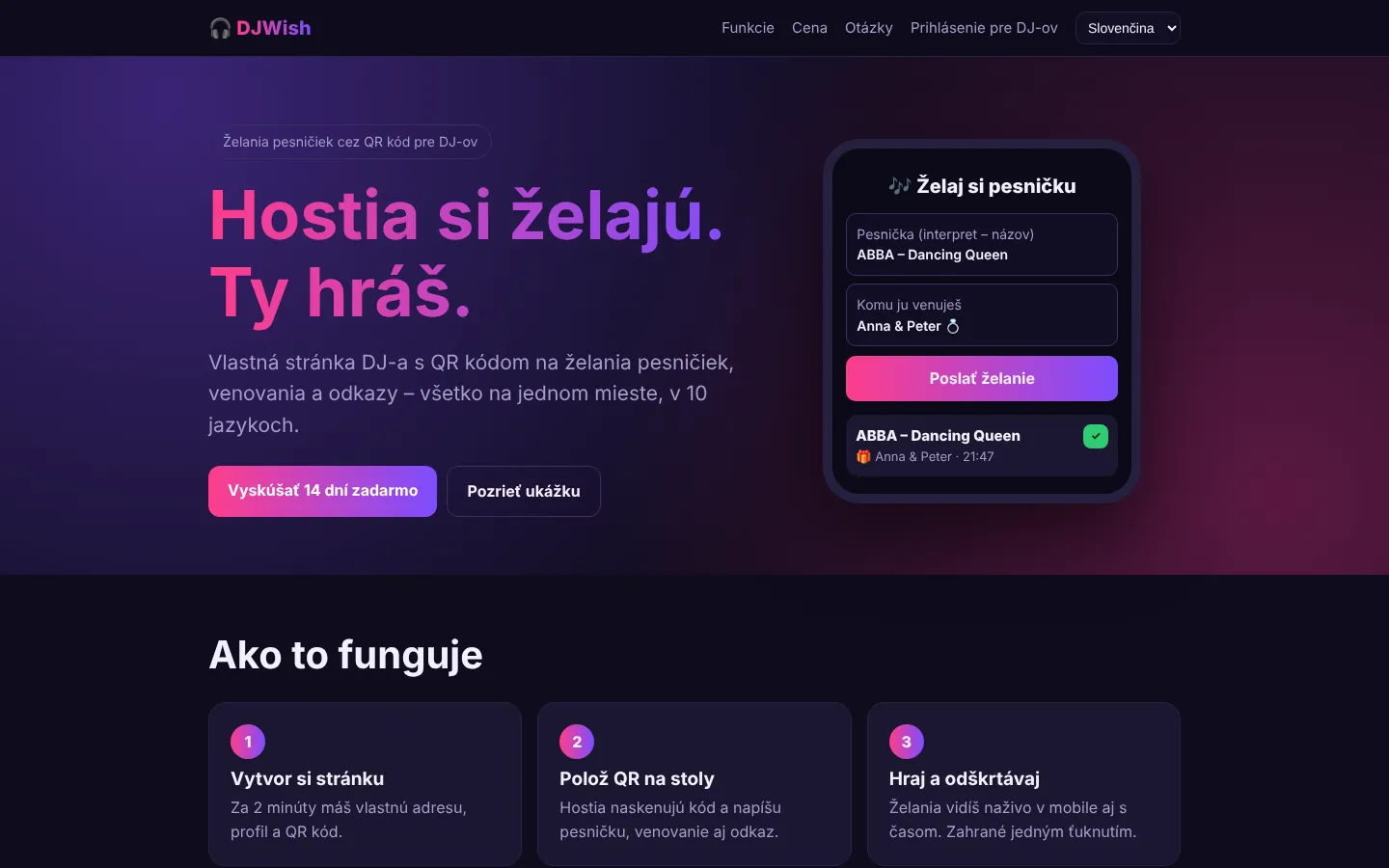 Úvodná stránka služby pre DJ-ov
