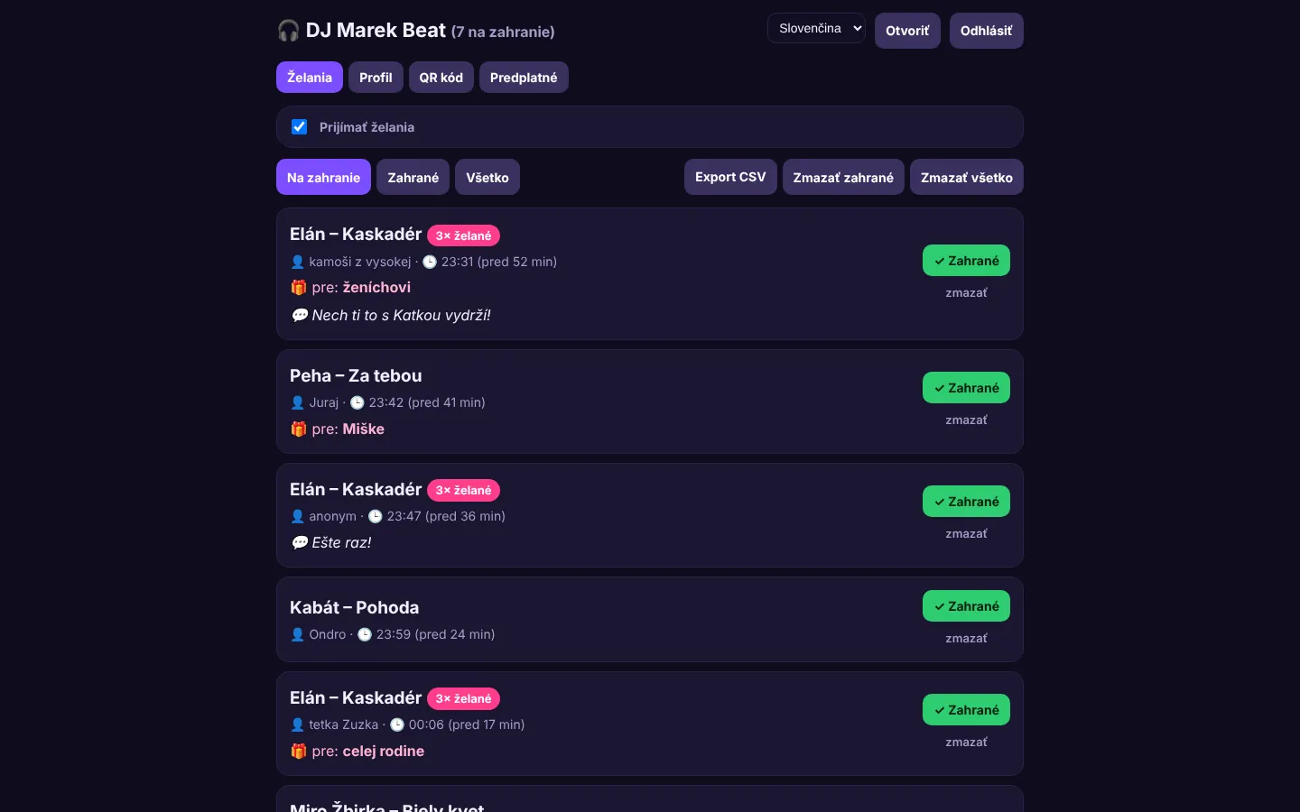Administrácia DJ-a – želania naživo, opakované želania spočítané
