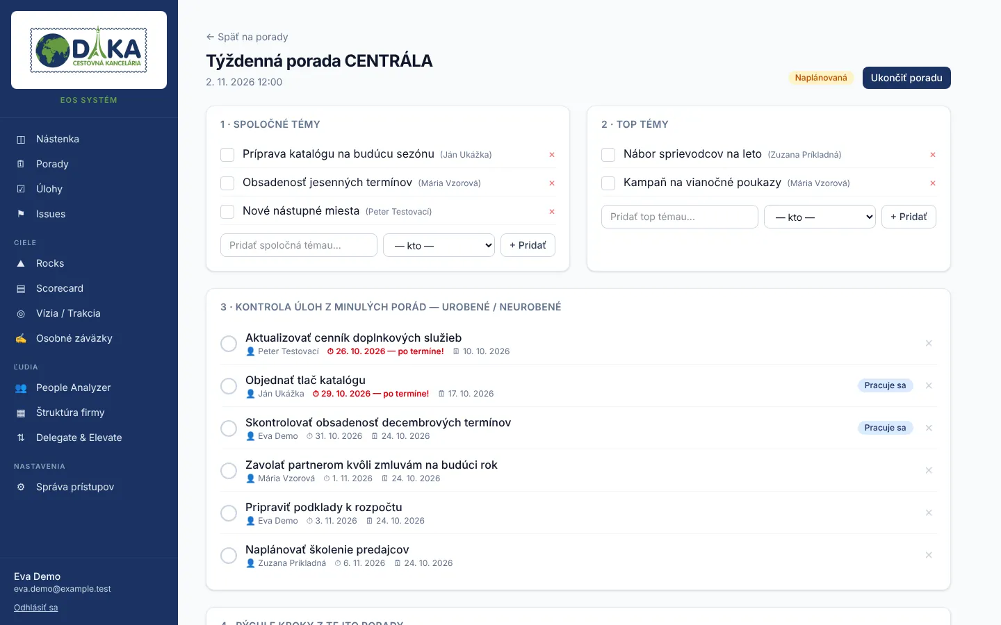 Týždenná porada Level 10 – spoločné a TOP témy, kontrola úloh z minulých porád