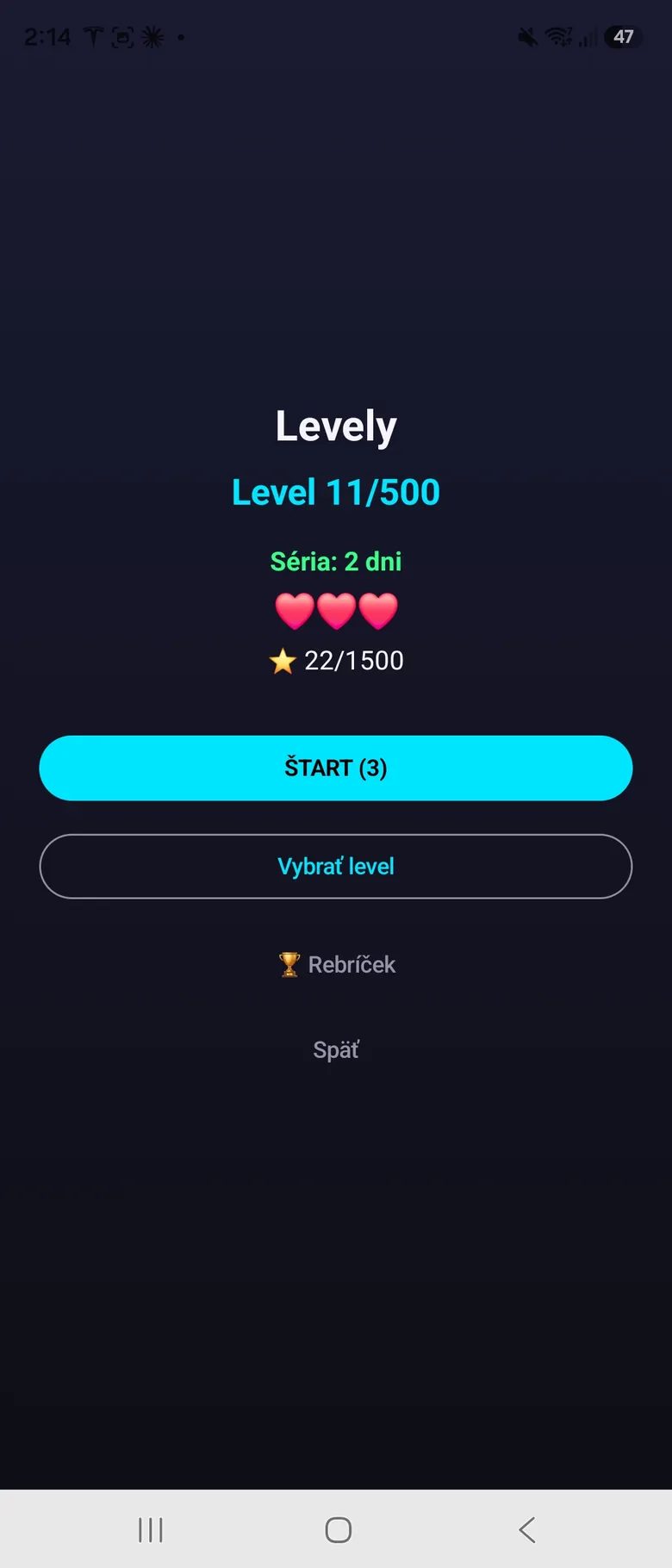 Režim 500 levelov so životmi a hviezdičkami