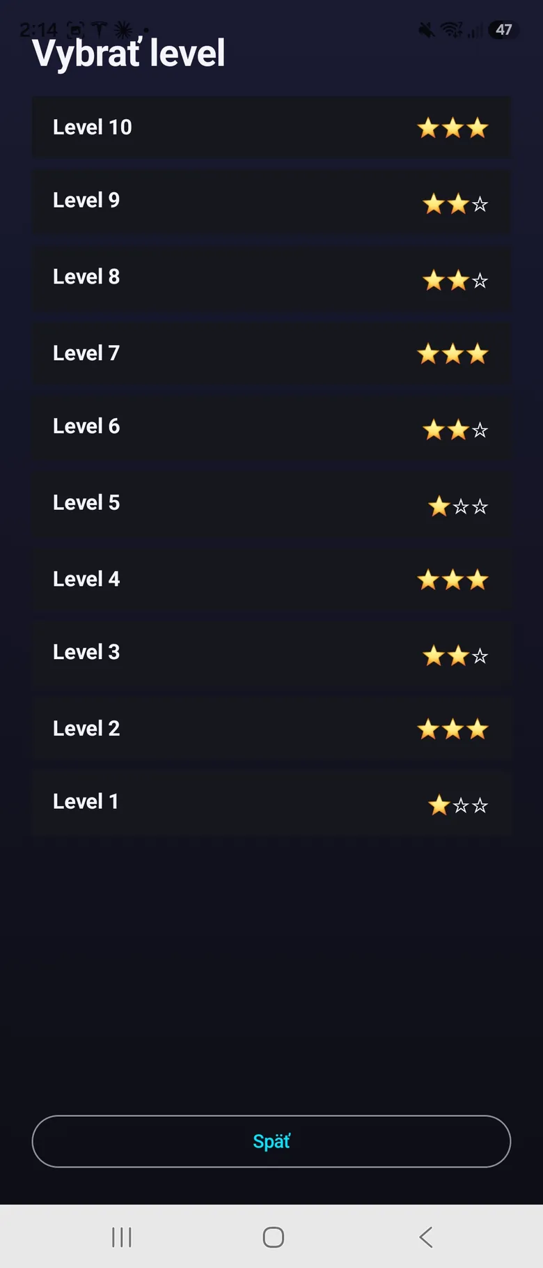 Výber už odohraného levelu s hodnotením