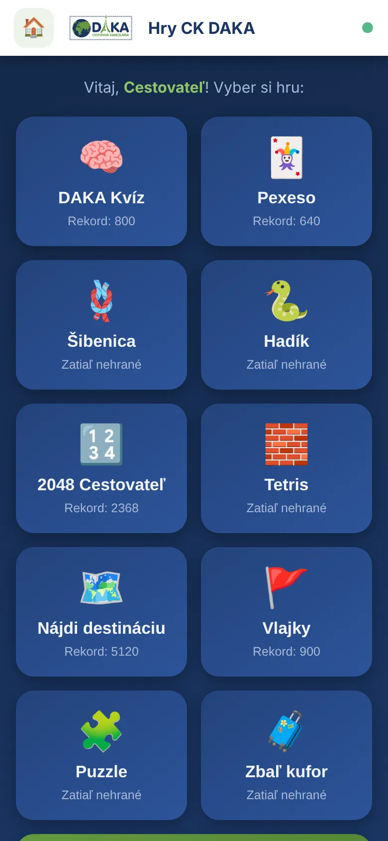 Hlavné menu s výberom hier a osobnými rekordmi