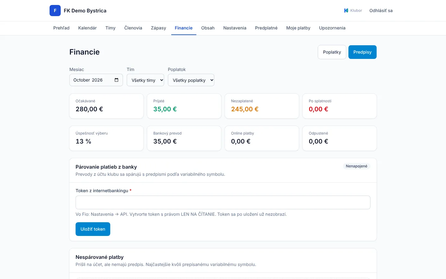 Financie klubu – očakávané a prijaté platby a párovanie platieb z banky