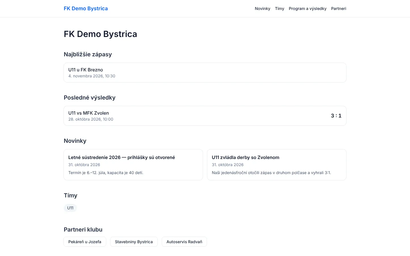 Verejný web klubu so zápasmi, výsledkami, novinkami a partnermi