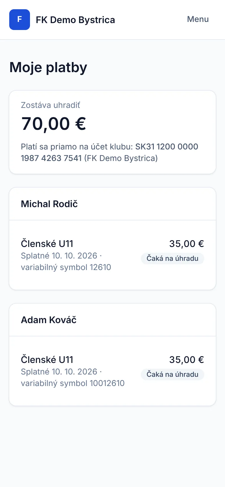 Mobilný pohľad rodiča – predpisy členského a variabilné symboly