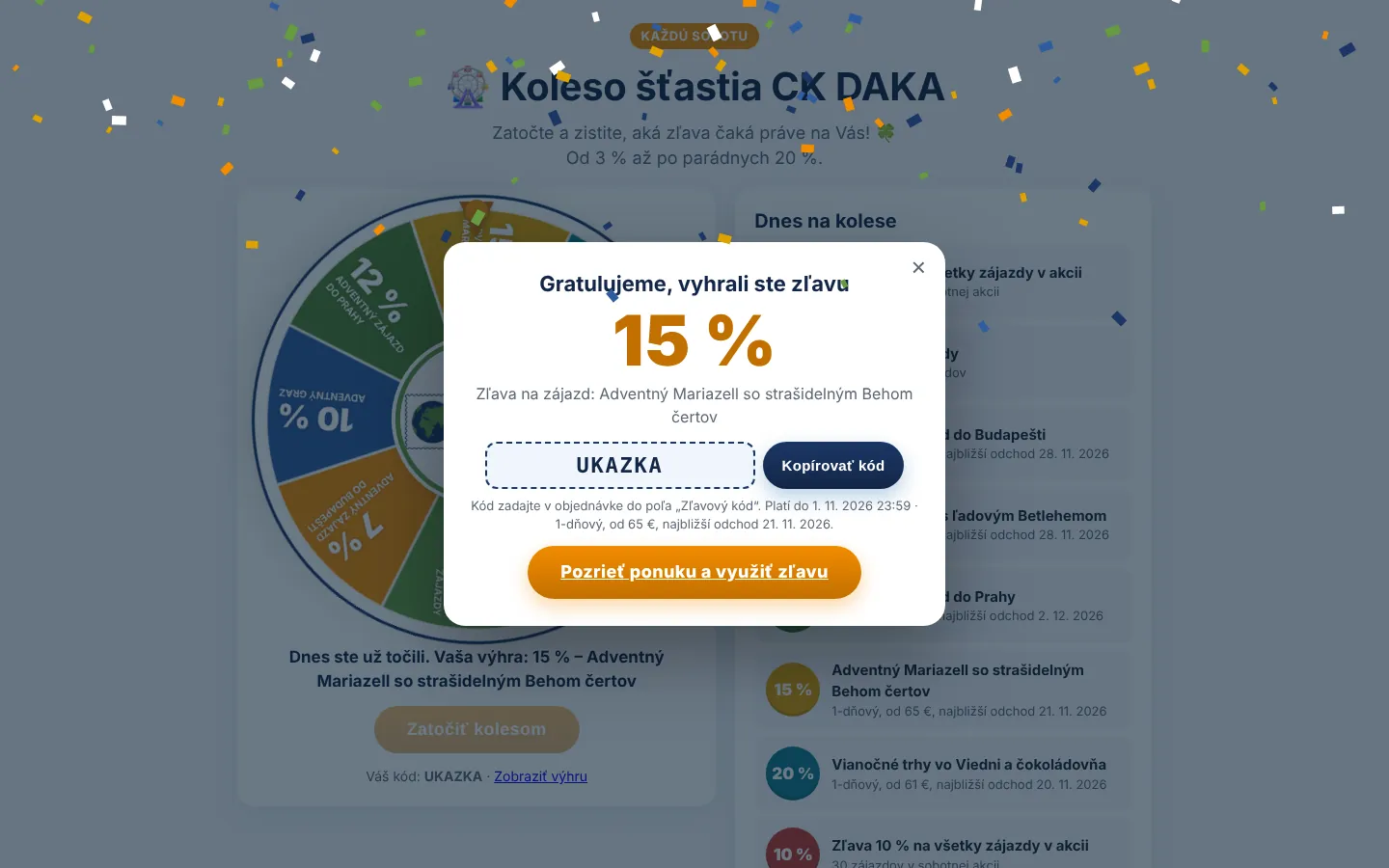 Výhra po zatočení – zľavový kód (ukážkový)