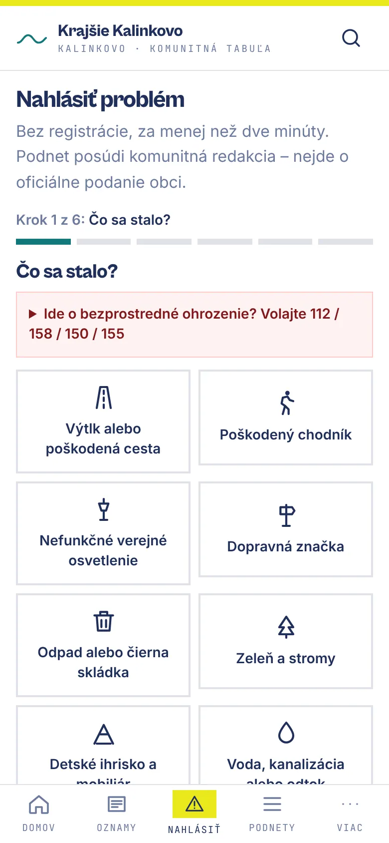Sprievodca nahlásením problému – výber kategórie