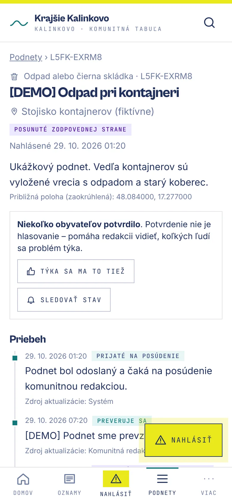 Detail podnetu s potvrdeniami a časovou osou stavov