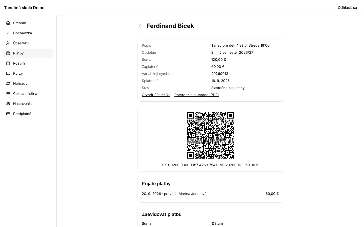 Detail predpisu platby s QR kódom Pay by square a evidenciou úhrad