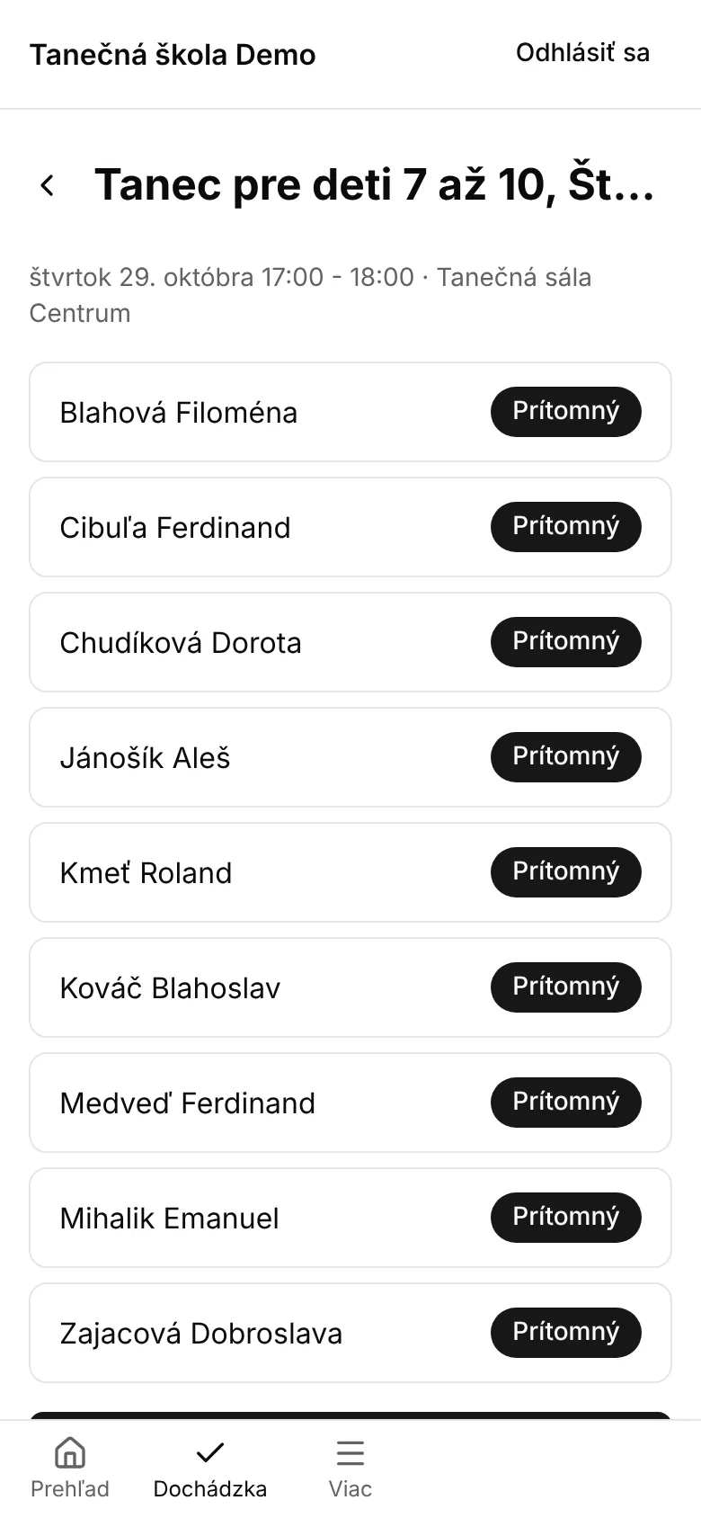 Zápis dochádzky na hodine v mobile