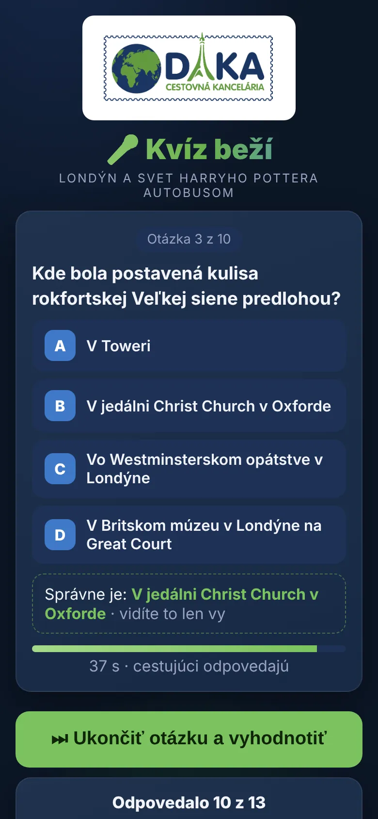 Obrazovka sprievodkyne – správnu odpoveď vidí len ona