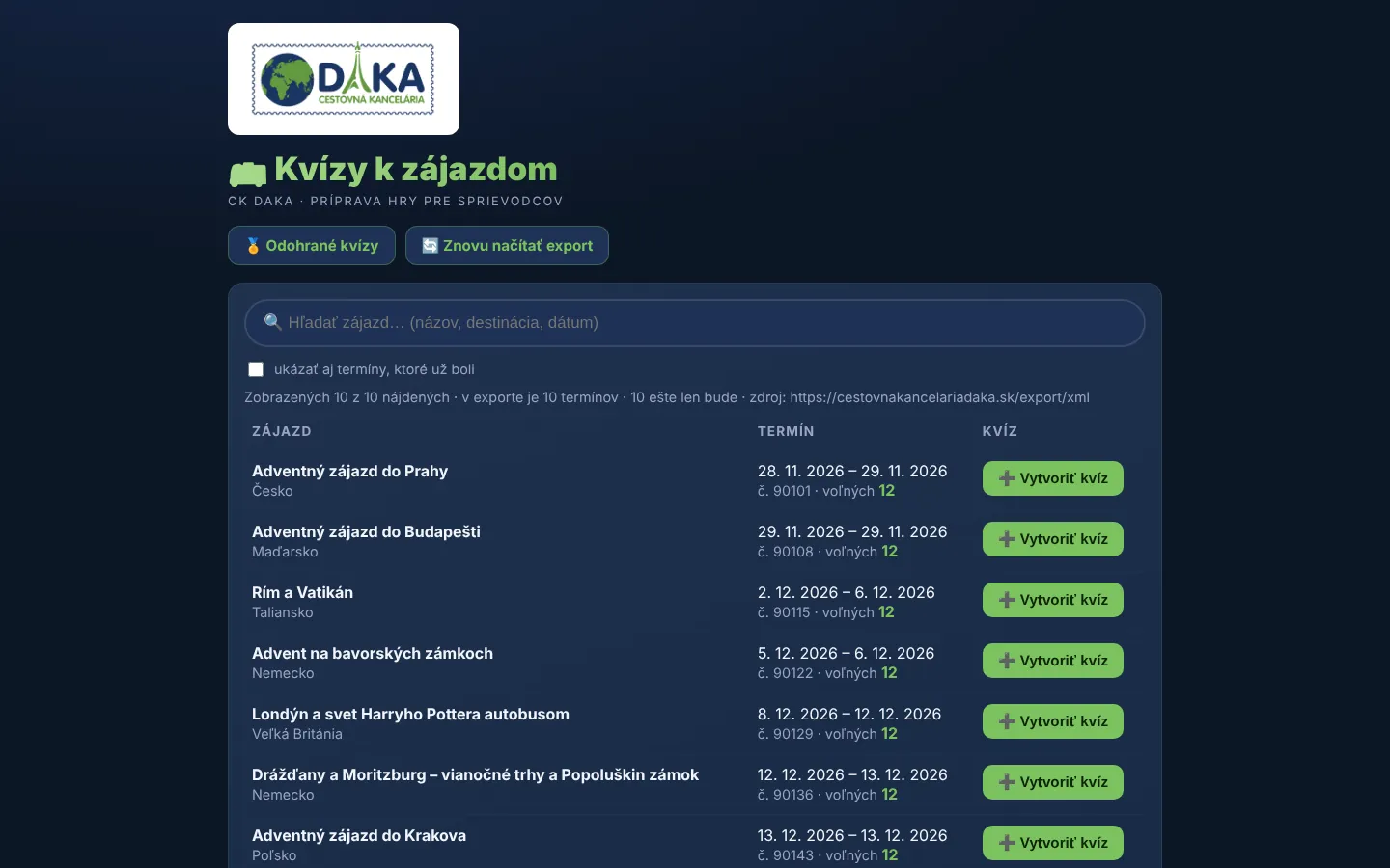 Príprava kvízov v kancelárii – termíny zájazdov z exportu