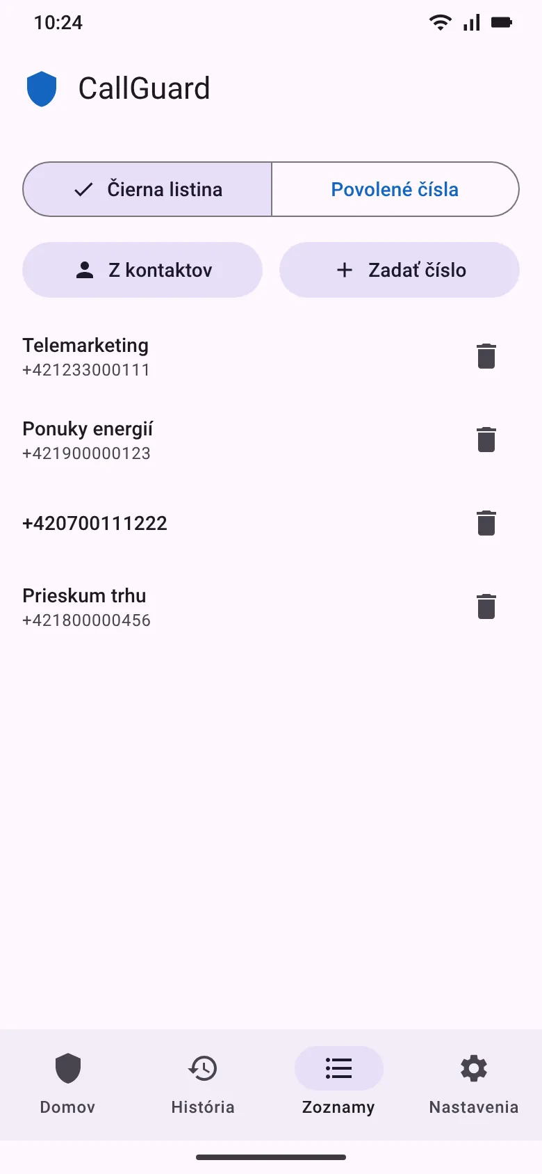 Zoznamy – čierna listina a povolené čísla (náhľad UI)
