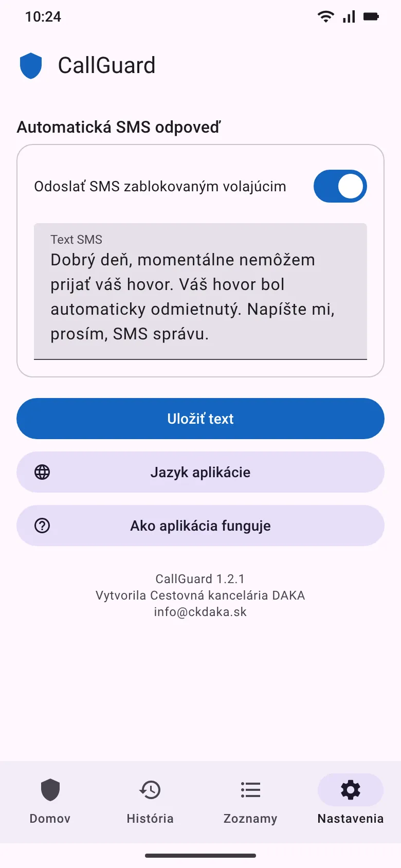 Nastavenia automatickej SMS odpovede, jazyka a návodu (náhľad UI)