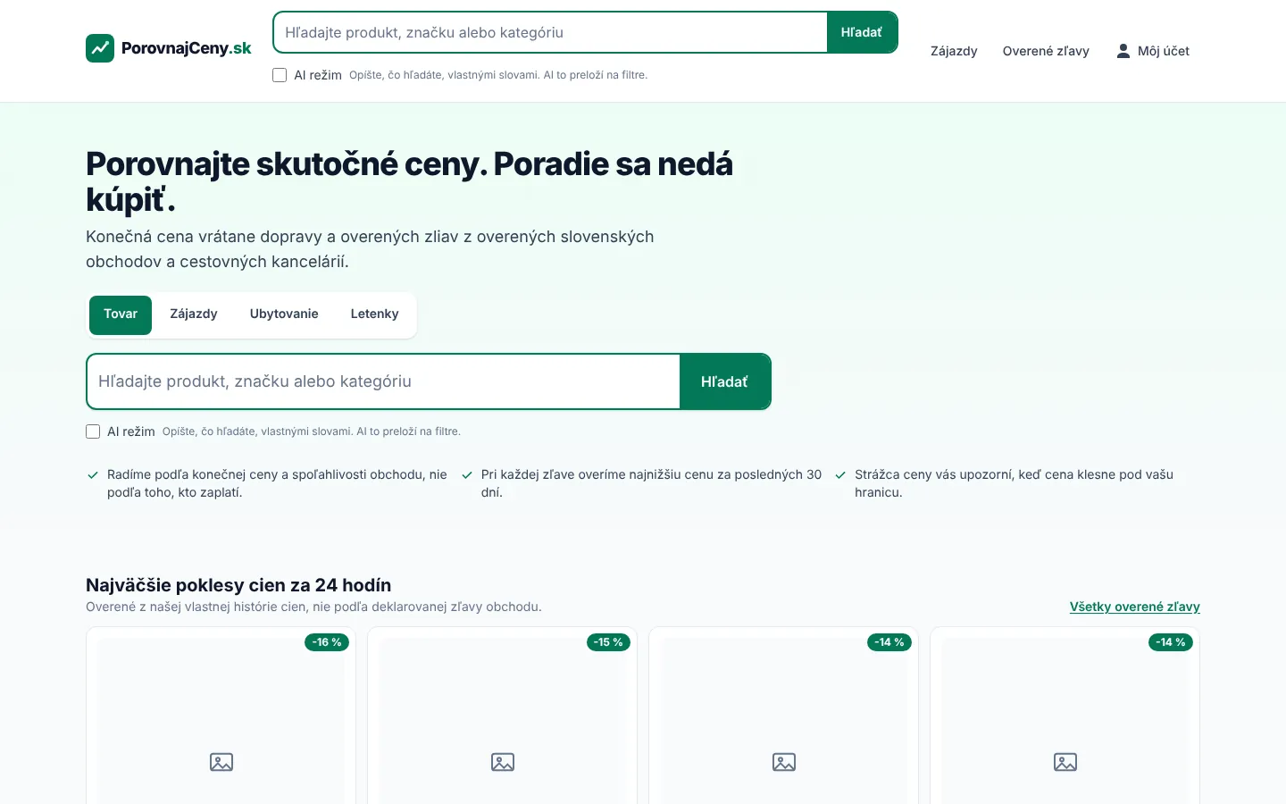 Domovská stránka s vyhľadávaním, AI režimom a prepínačom vertikál
