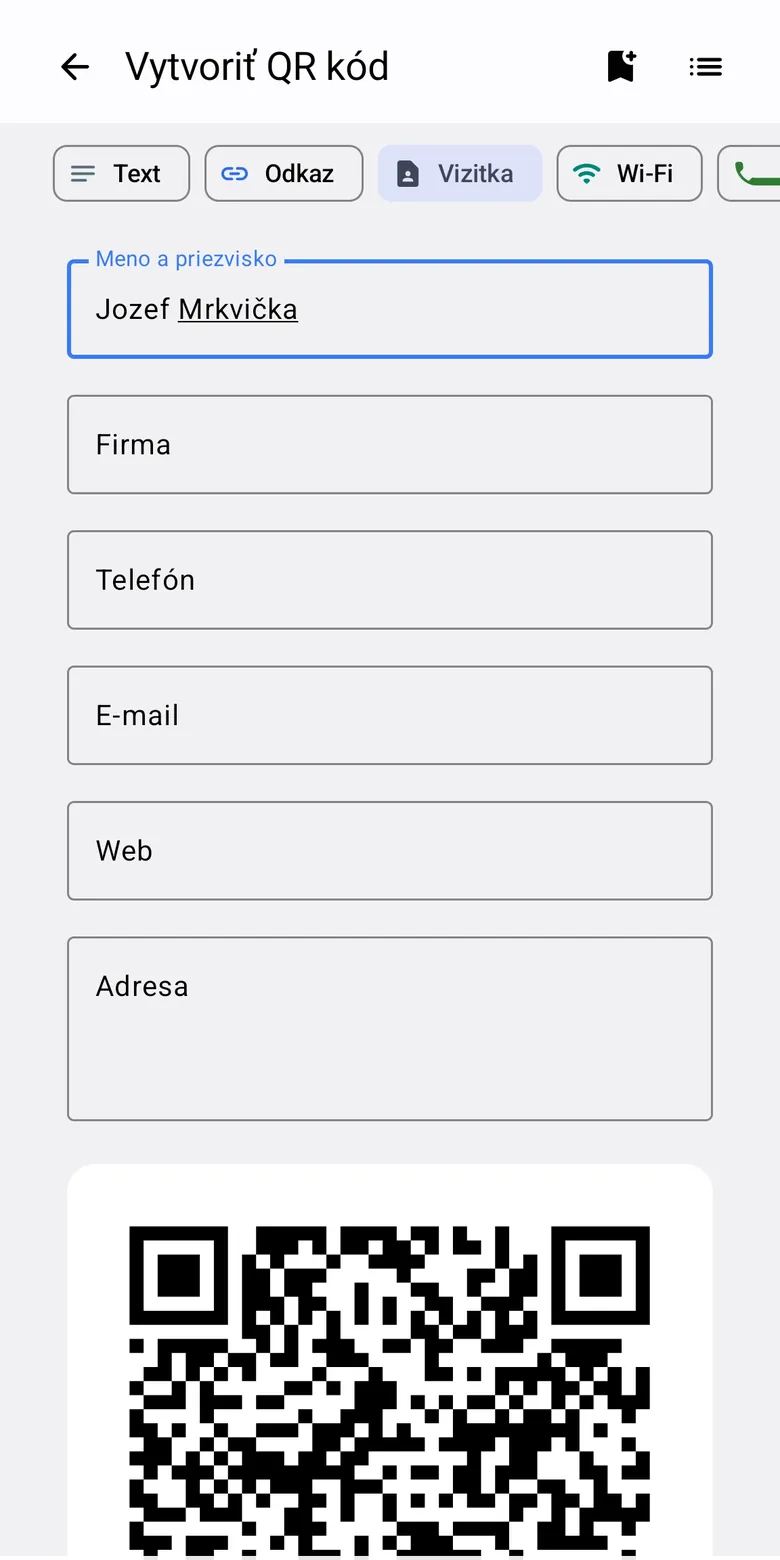 Generátor QR kódu – vizitka s náhľadom kódu