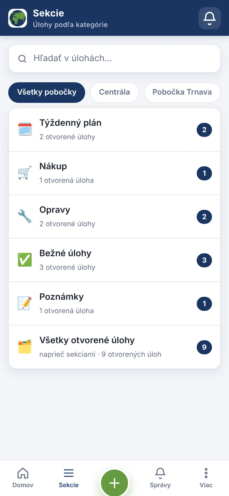 Sekcie úloh s hľadaním a filtrom pobočiek