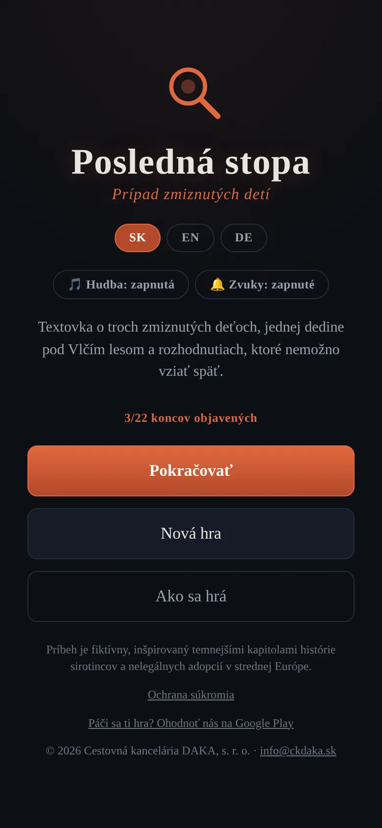 Úvodné menu s výberom jazyka, zvuku a počtom objavených koncov