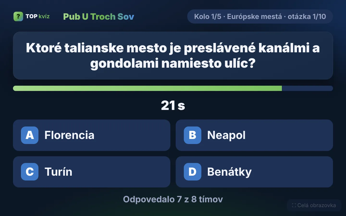 Obrazovka do sály počas otázky – časomiera a počet odpovedí