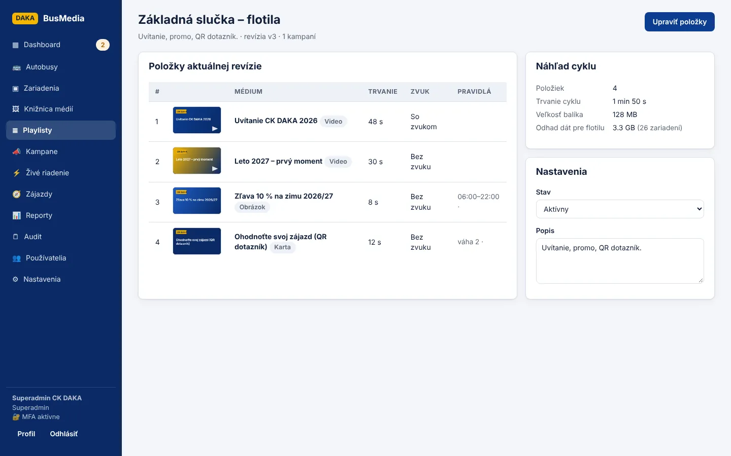 Detail playlistu s pravidlami a náhľadom cyklu