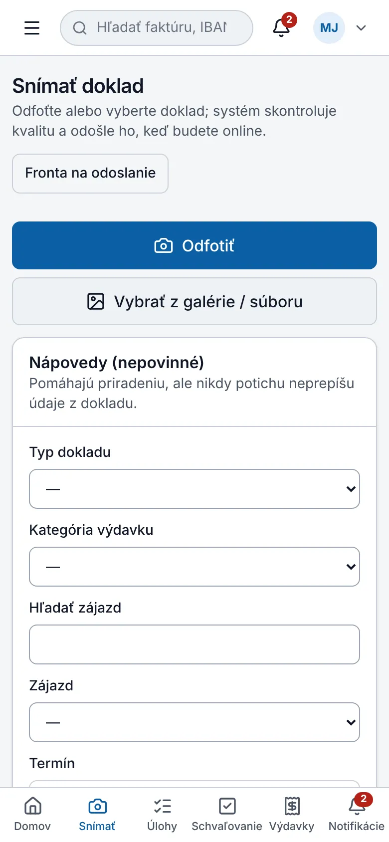 Mobilné snímanie dokladu s offline frontou na odoslanie
