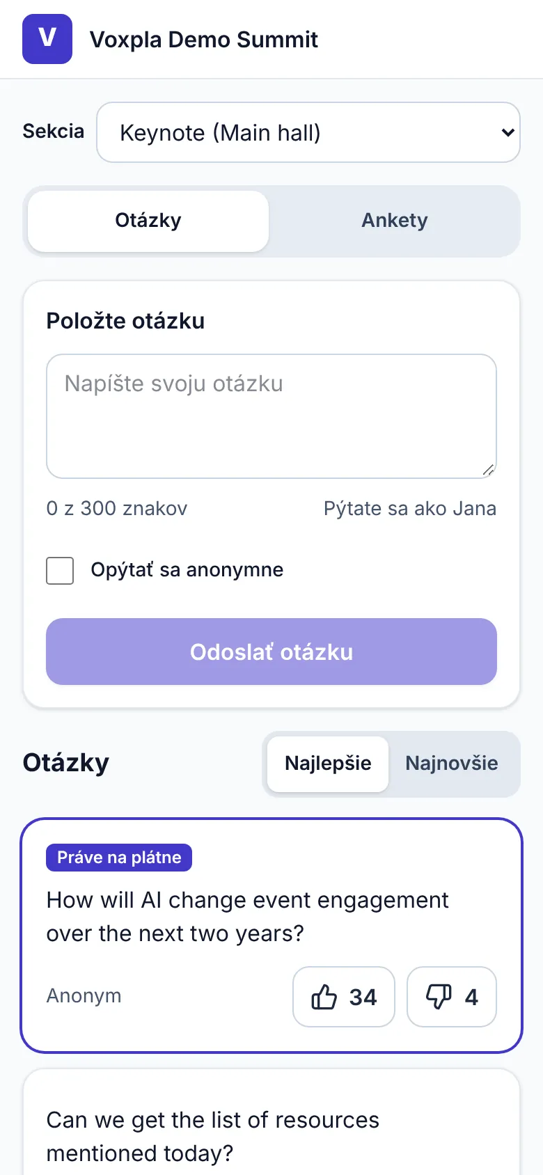 Mobilný pohľad účastníka – položenie otázky a hlasovanie